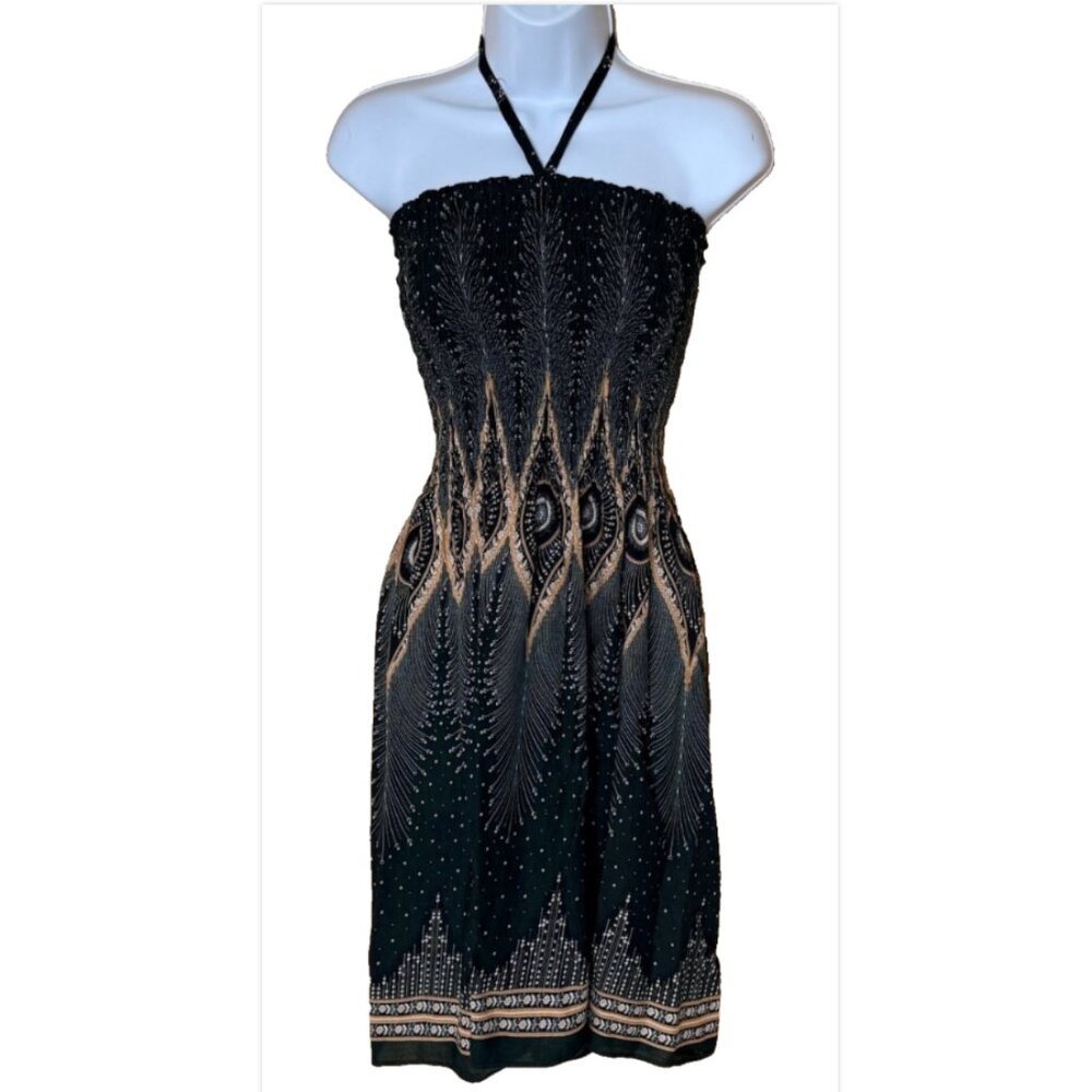 Boho Peacock Print Sundress Swim Beach Coverup Strapless Black OSFM